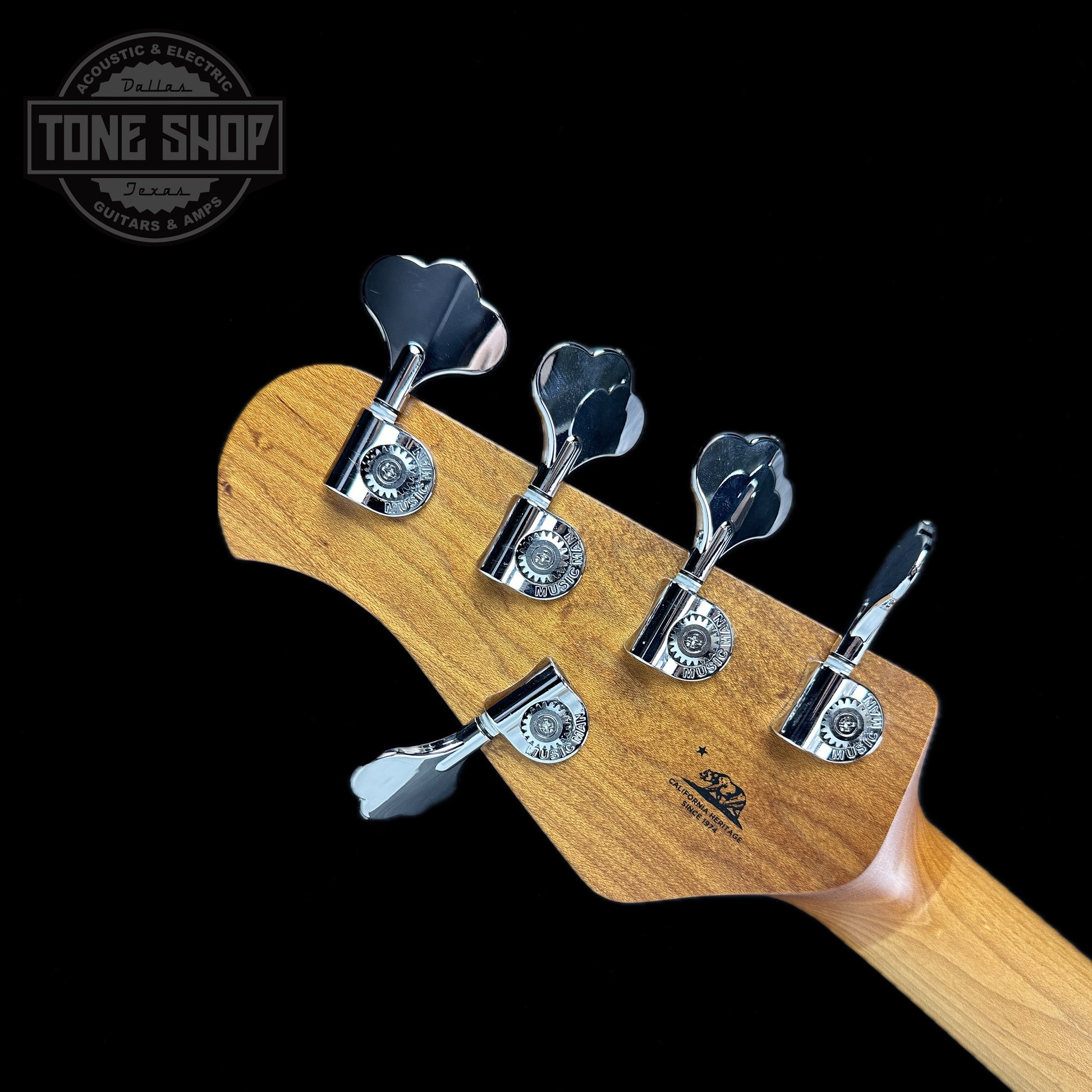 Back of headstock of Ernie Ball Music Man StingRay Special 5 HH Bass Hot Honey MP.