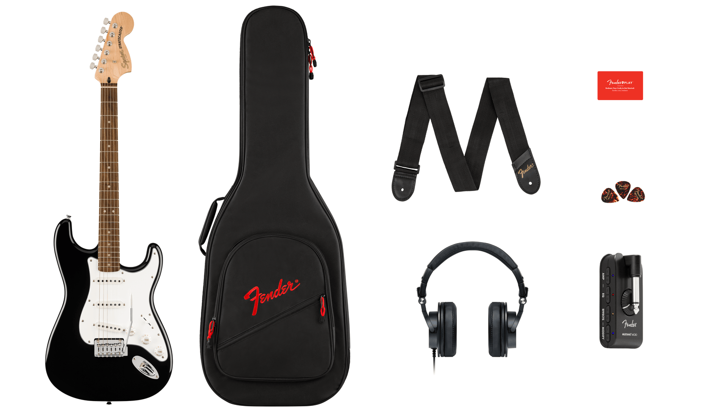 Bundle items of the Squier Affinity Series Stratocaster Mustang Micro Pack Laurel Fingerboard Black.