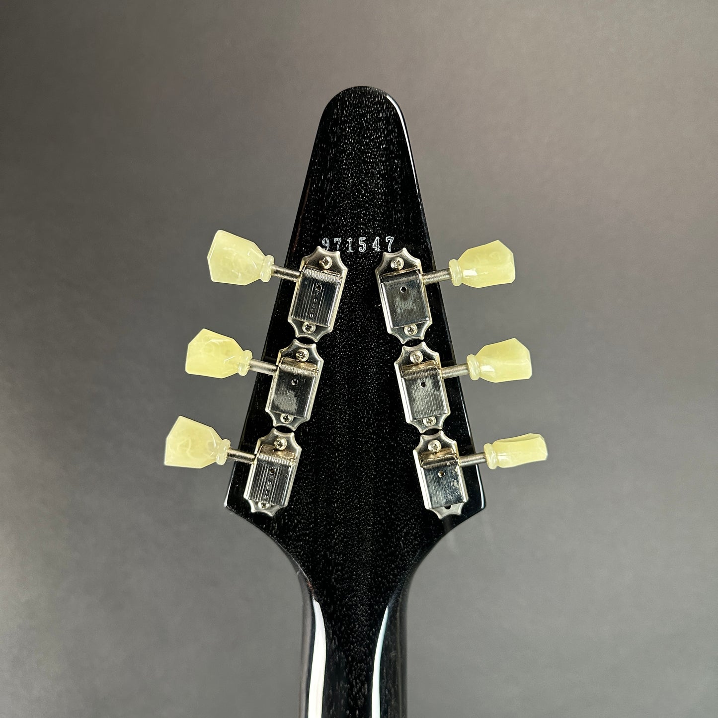 Back of headstock of Used 2017 Gibson Custom Flying V Black Doghair.