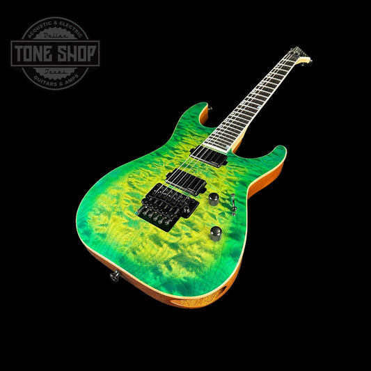 Front angle of ESP USA M-IIDX FR Floyd Rose Quilted Maple Lime Burst.