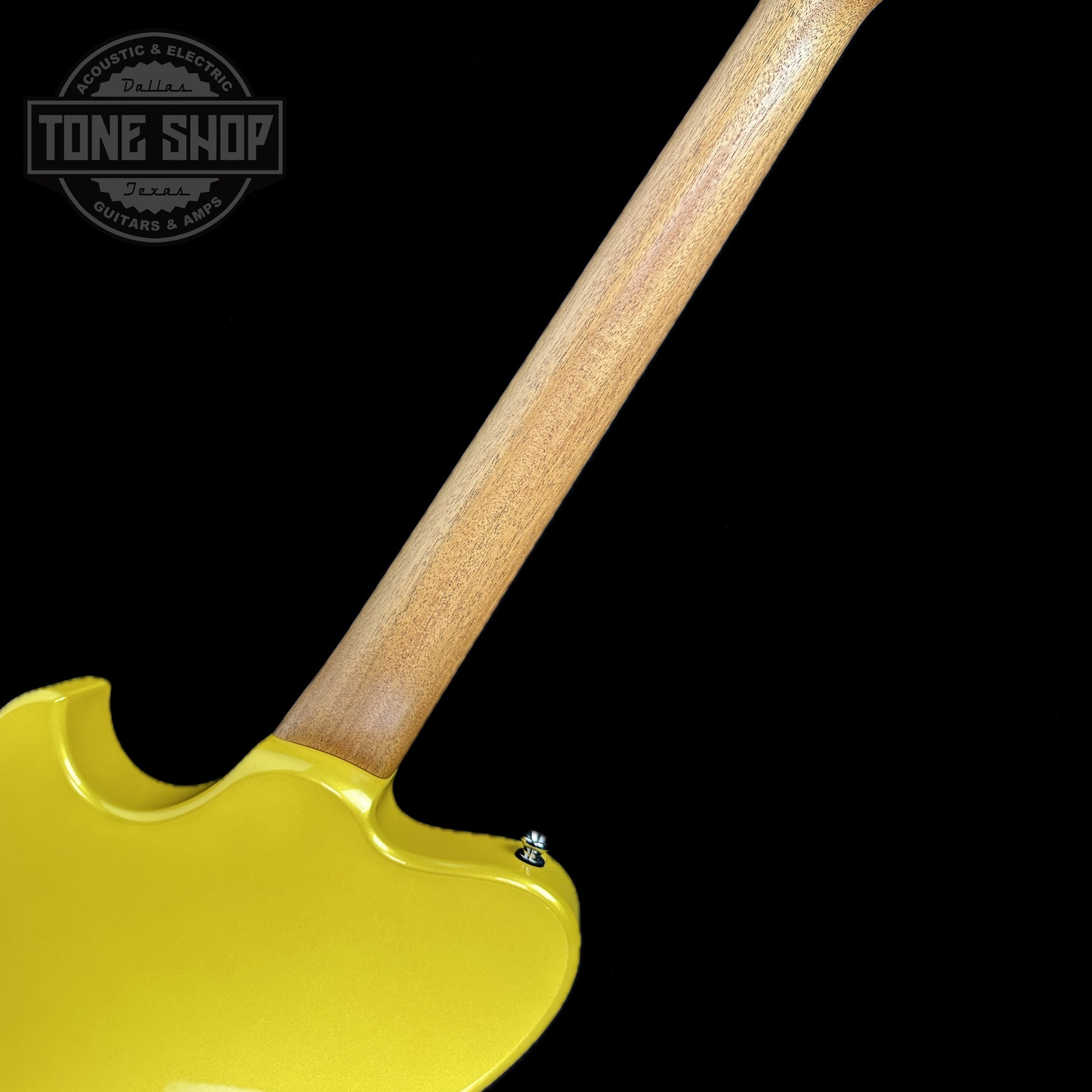 Back of neck of Powers Electric A-Type Saffron Yellow Metallic FF42 Pearloid.