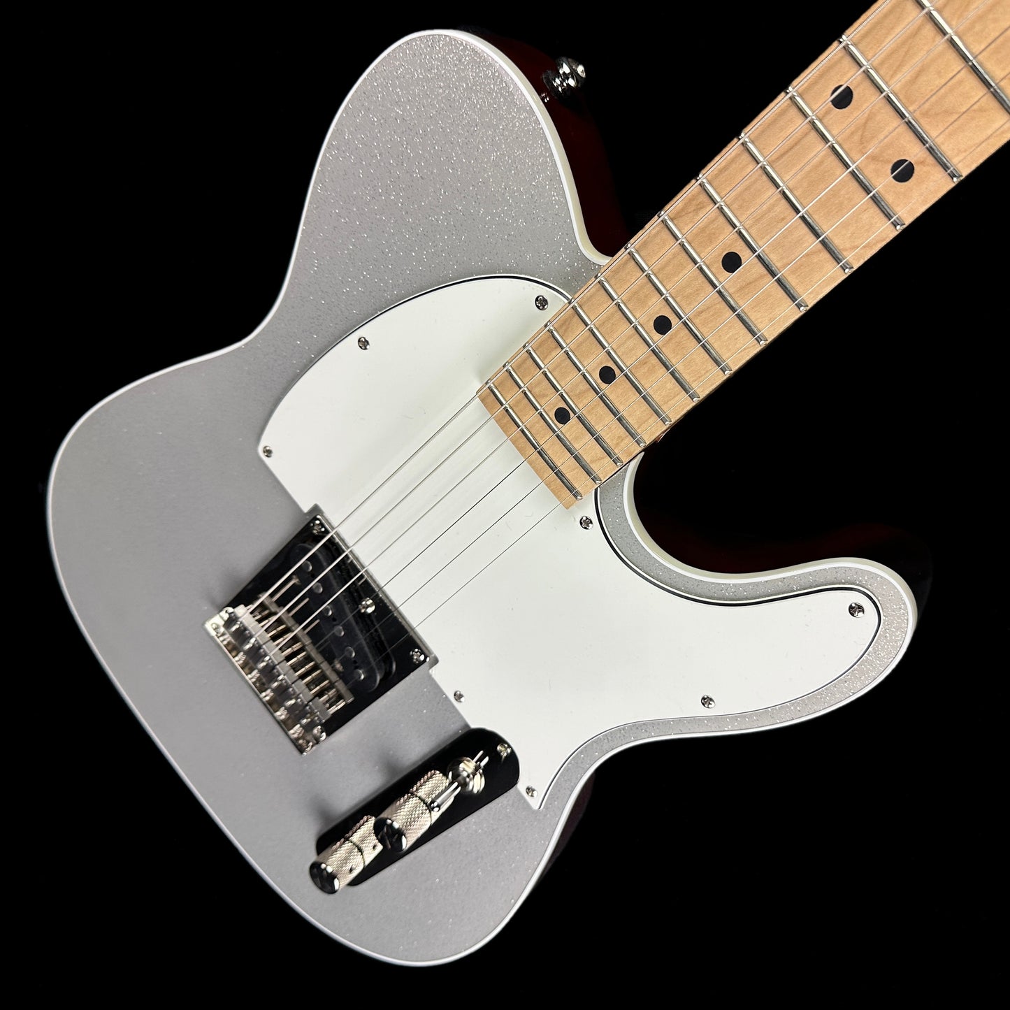 Front angle of Reverend Eastsider T "E" Gloss Pete Anderson Silver Sparkle Tone Shop Exclusive.