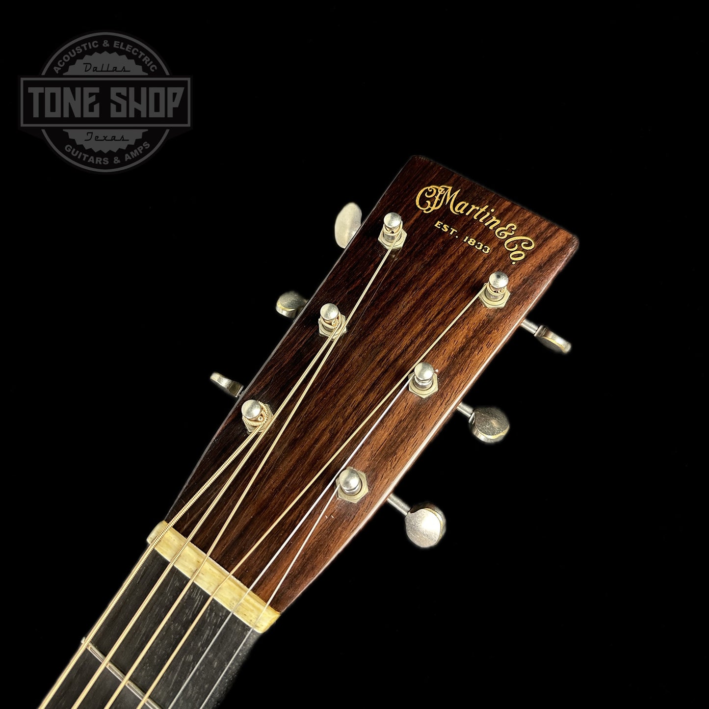 Front of headstock of Martin Custom Shop D-18 Authentic 1937 Stage 1 Aging.