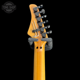 Close-up of the back neck of Used Kramer Volante Quilt with tuning pegs on a black background, featuring the Tone Shop logo.