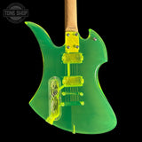 Used BC Rich Mockingbird Trans Green Acrylic electric guitar with clear body on a black background, featuring 'Tone Shop' logo.