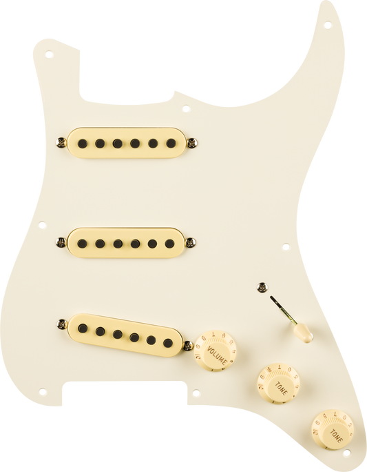 Top down of Fender Pre-Wired Strat Pickguard Eric Johnson Signature Parchment 8 Hole PG.
