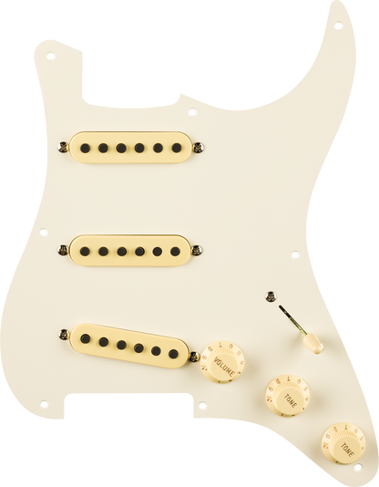 Top down of Fender Pre-Wired Strat Pickguard Eric Johnson Signature Parchment 8 Hole PG.