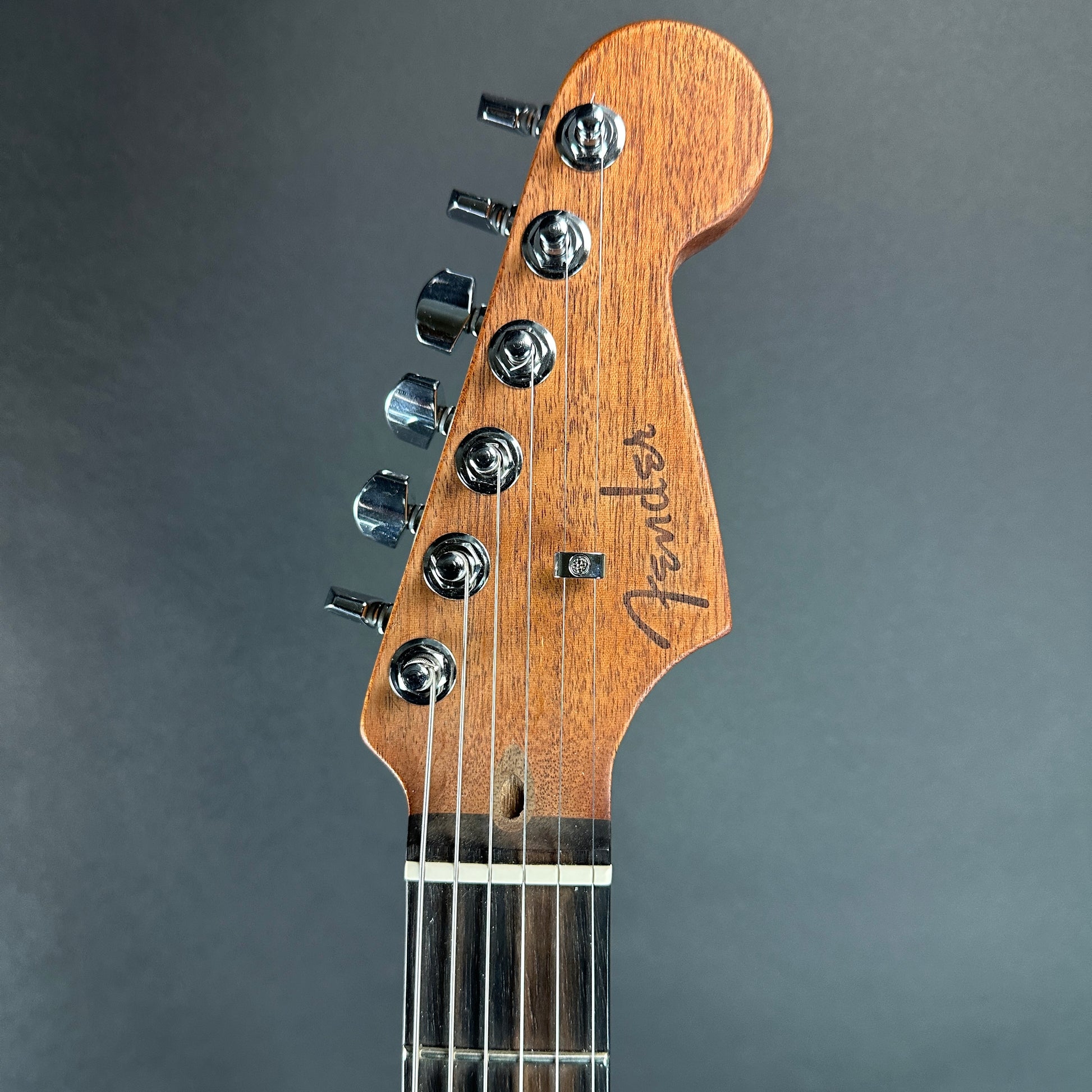 Front of headstock of Used Fender FSR Acoustasonic Jazzmaster Black Paisley.