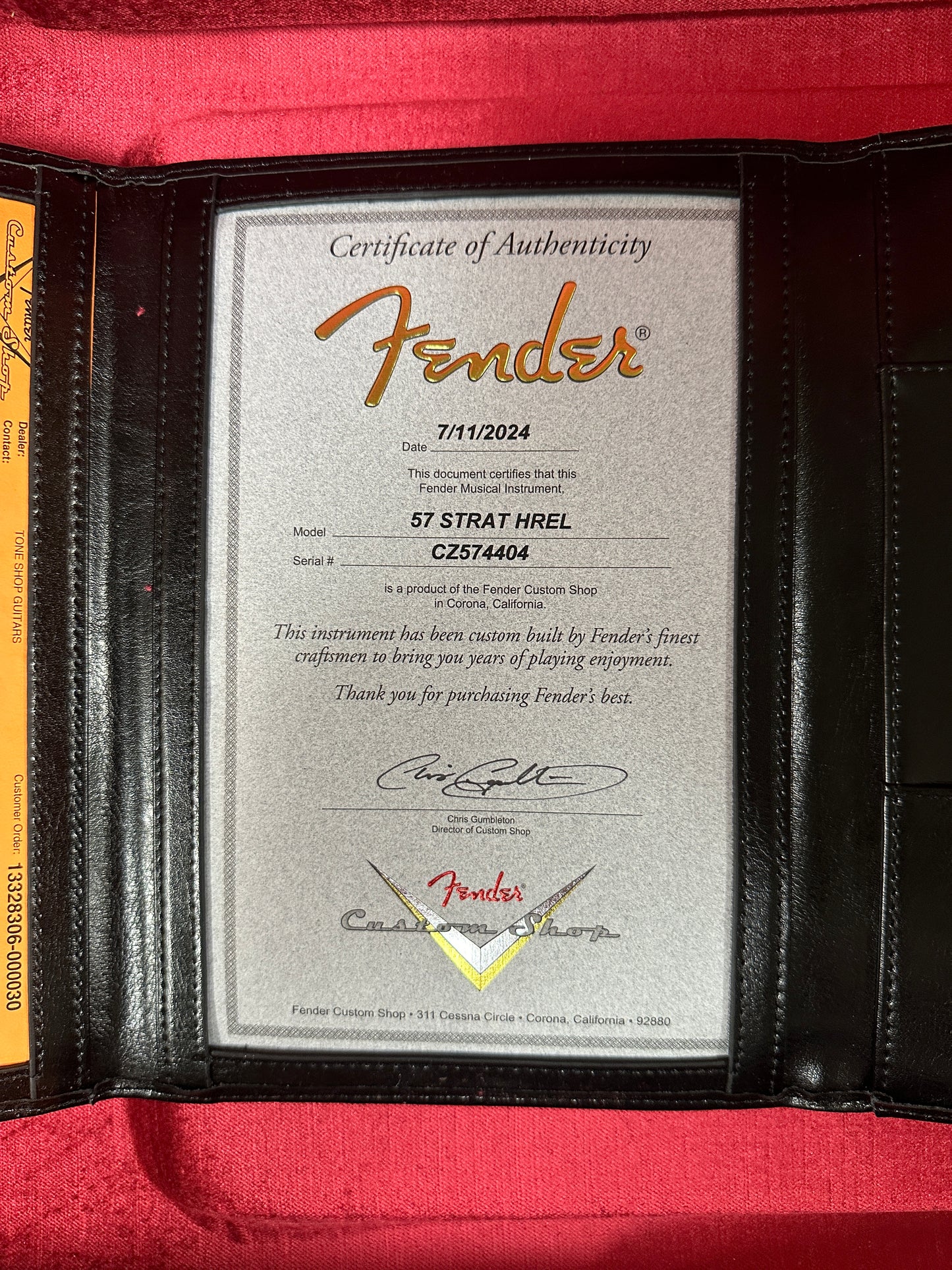 Certificate of authenticity for Fender Custom Shop Time Machine '57 Strat Heavy Relic Aged Surf Green.