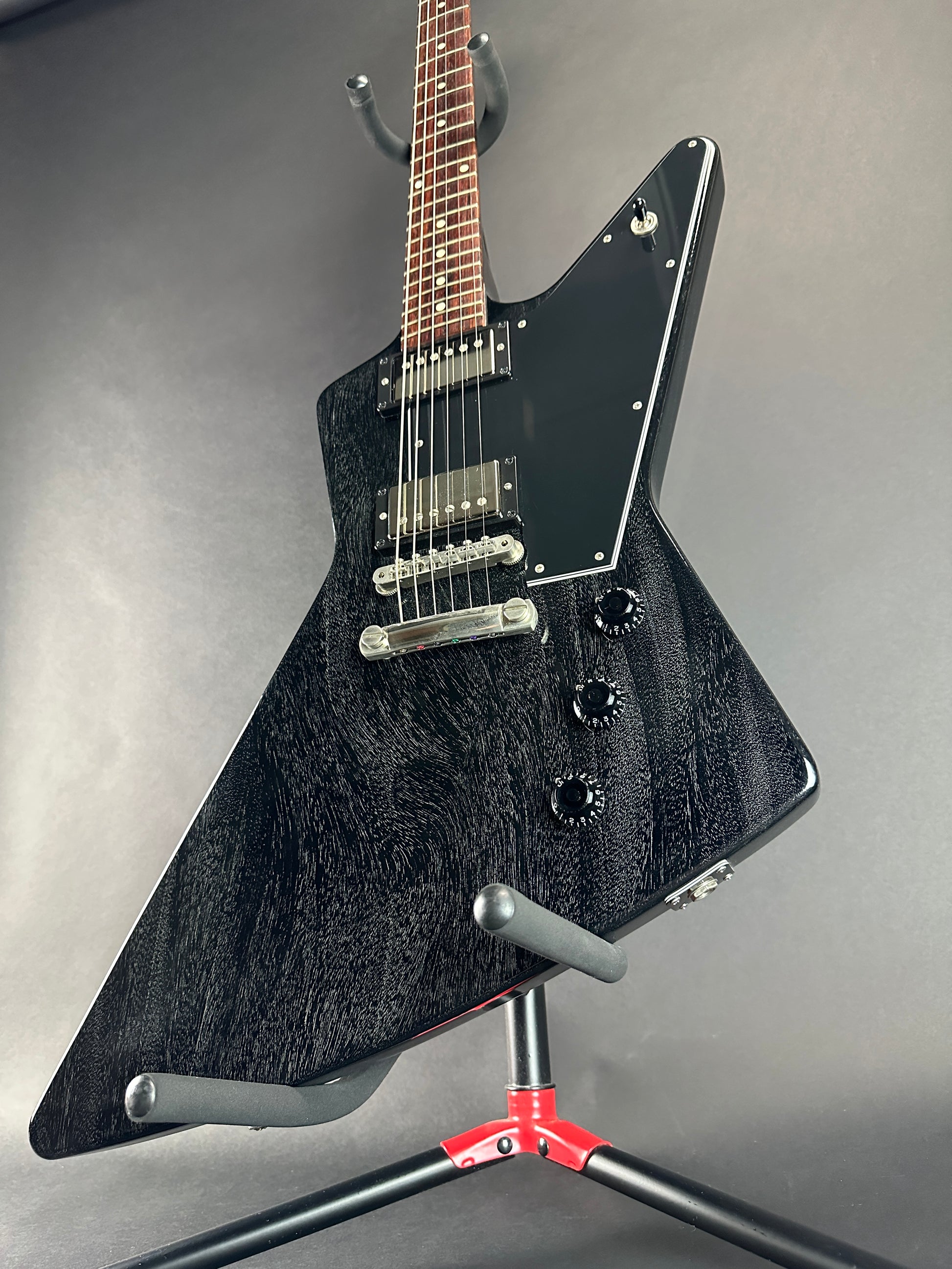 Front angle of Used 2017 Gibson Custom Explorer Black Doghair.