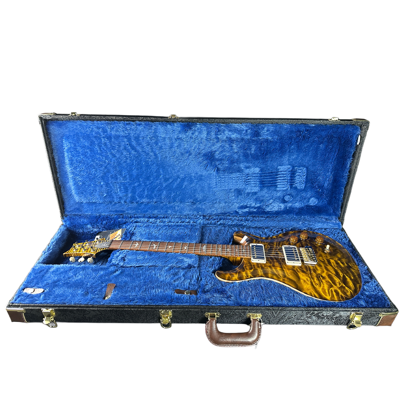 Guitar in a blue case on a white background