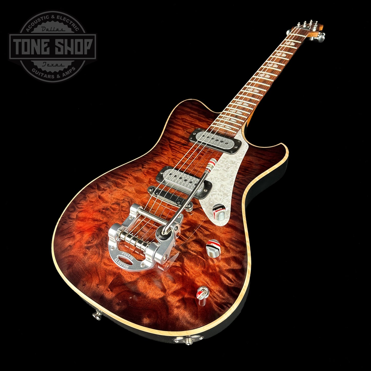 Front angle of Powers Electric A-Type Select Quilt Top Wild Cabernet Pearloid Pickguard FF42.
