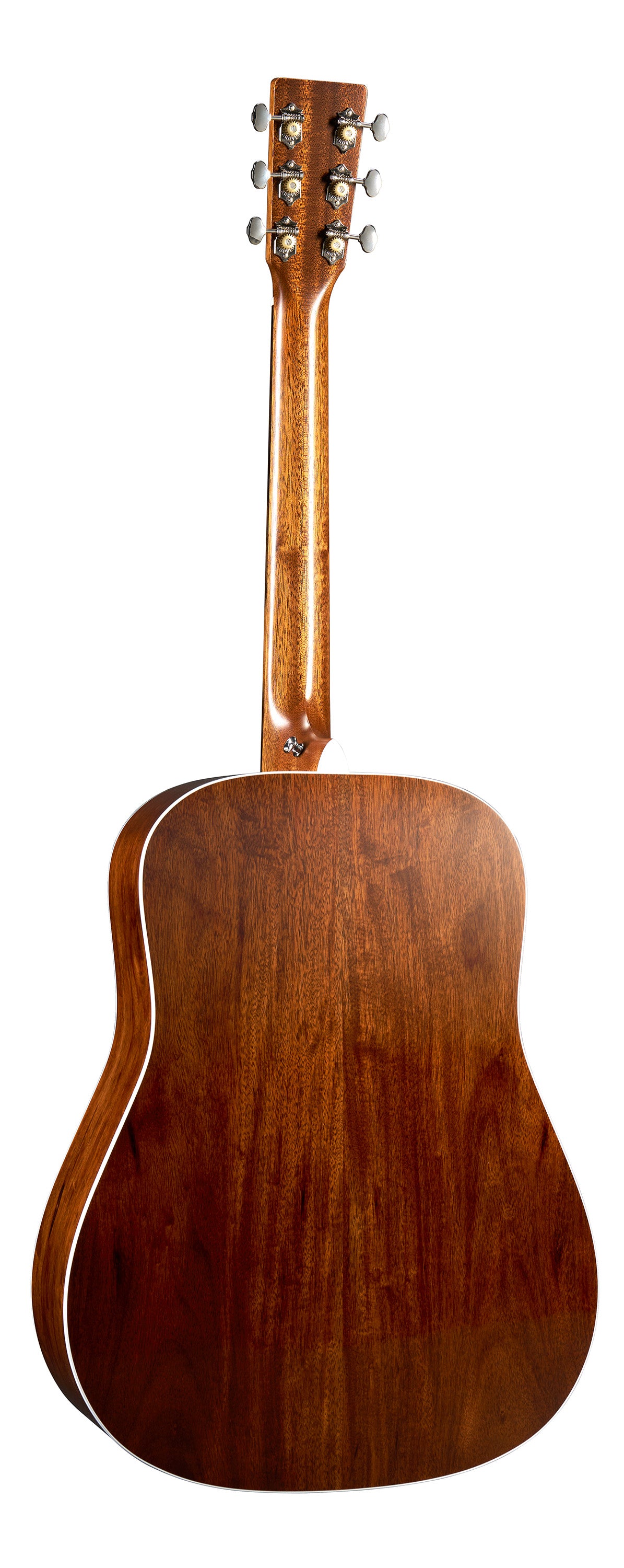 Acoustic guitar with a wooden body and neck on a white background