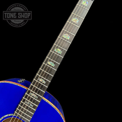 Fretboard of Taylor Custom #3: C18e Grand Orchestra Lutz Spruce/Quilted Maple Royal Blue.
