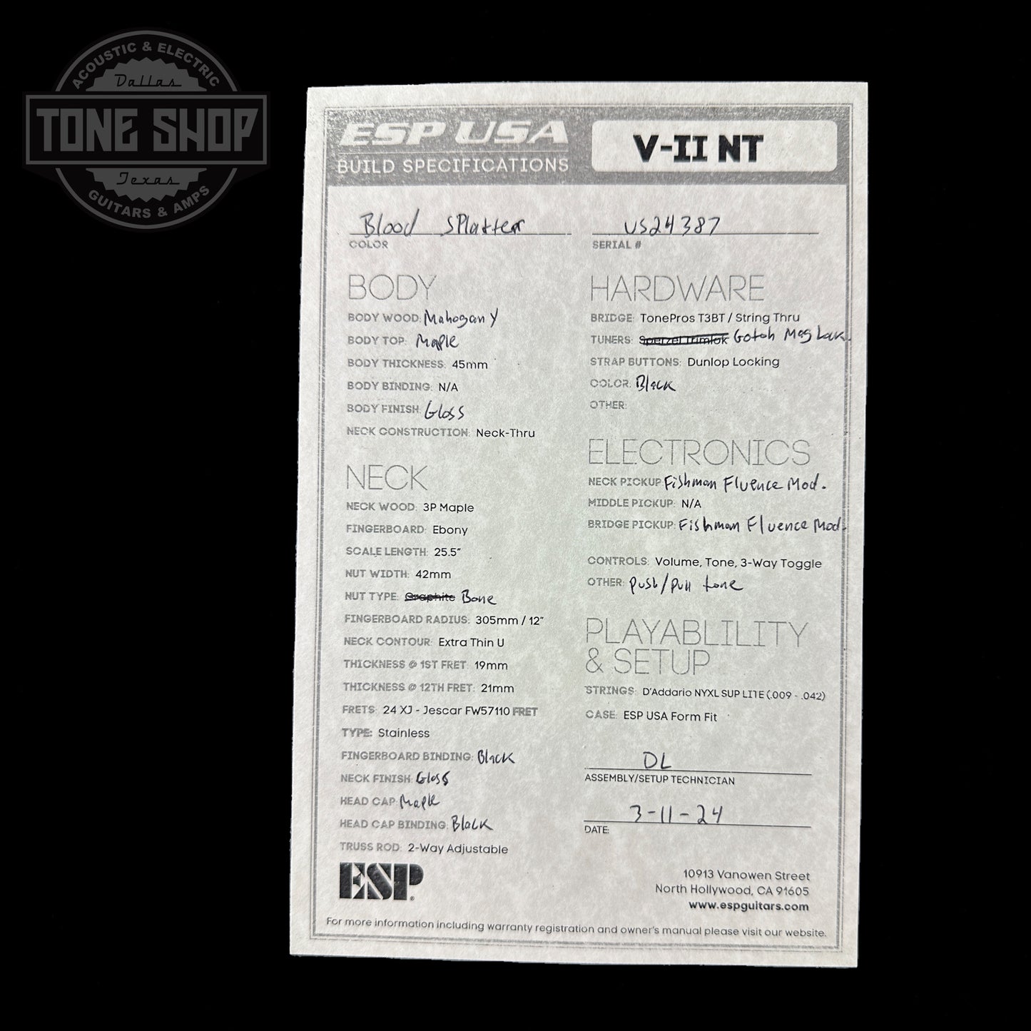 Spec sheet for ESP USA V-II NT Blood Splatter.