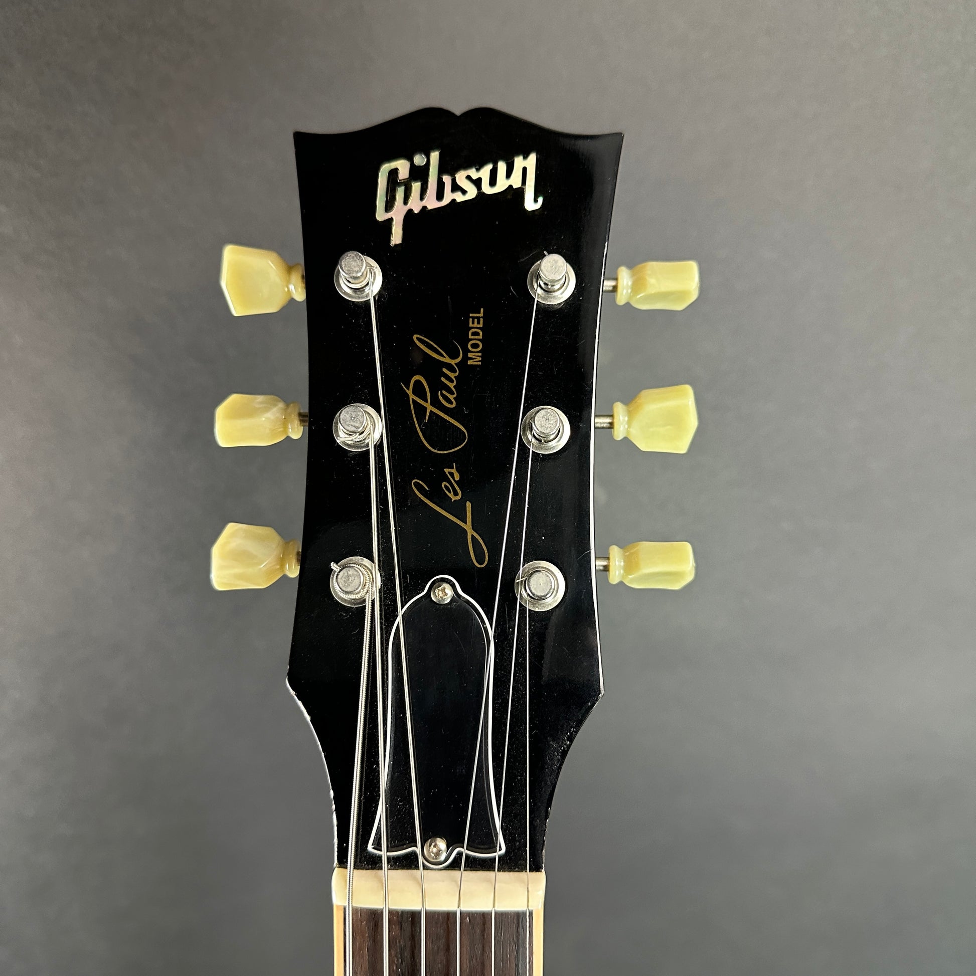 Front of headstock of Used 2005 Gibson Les Paul Standard Lemonburst.