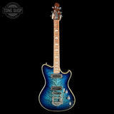 Blue electric guitar with a black background