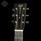 Headstock of Martin Custom Shop 28 Style OM Adirondack/Pacific Big Leaf Flamed Maple Ambertone.