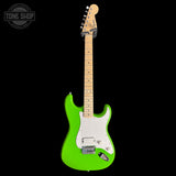 Full frontal of Used 2025 Squier FSR Sonic Stratocaster HTH Lime Green TSS7413.