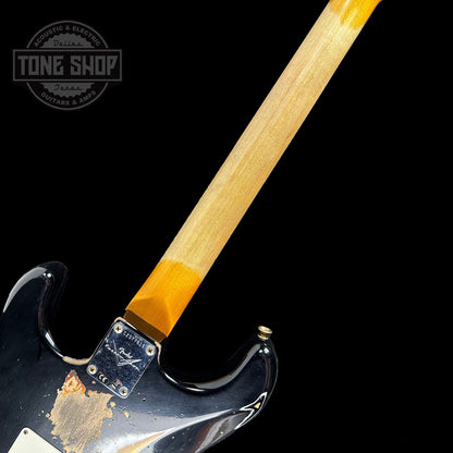Back of neck of Fender Custom Shop 2023 Collection 60 Strat Heavy Relic Aged Black Over 3 Color Sunburst.