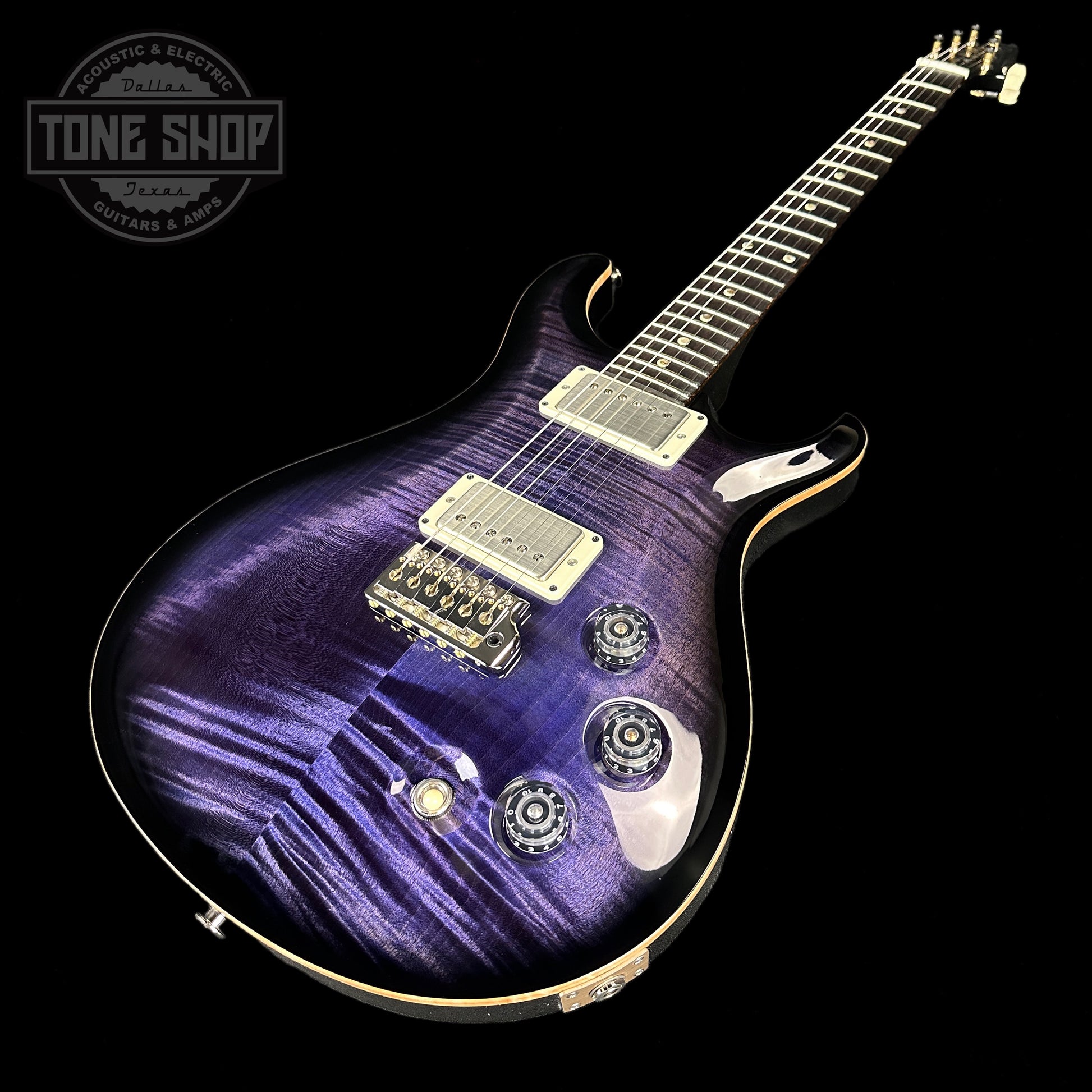 Front angle of PRS Paul Reed Smith DGT David Grissom Trem Purple Mist Moons.