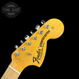 Front of headstock of Fender 1968 Stratocaster DLX Closet Classic Maple Neck Aged Vintage White.