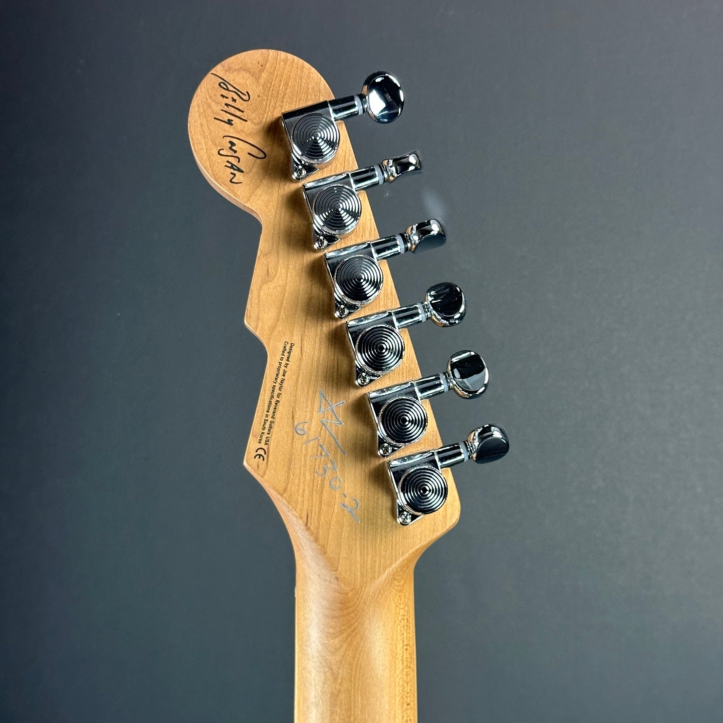 Back of headstock of Demo Reverend Billy Corgan Drop Z High Tide Blue.