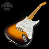 Front angle of Fender Custom Shop LTD 70th Anniversary 1954 Stratocaster Journeyman Relic 2-Color Sunburst.