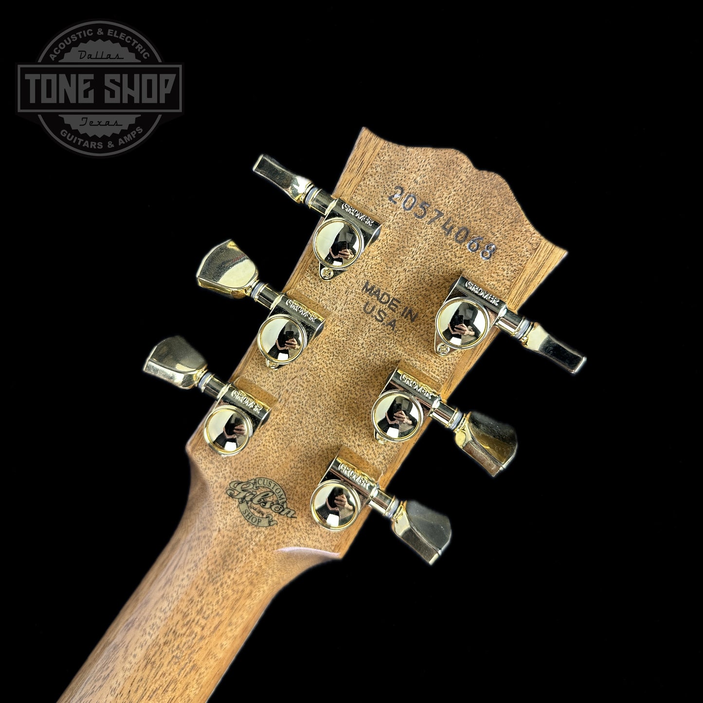 Back of headstock of Gibson Custom Shop M2M All Koa Hummingbird Gold Hardware Grover Tulips.