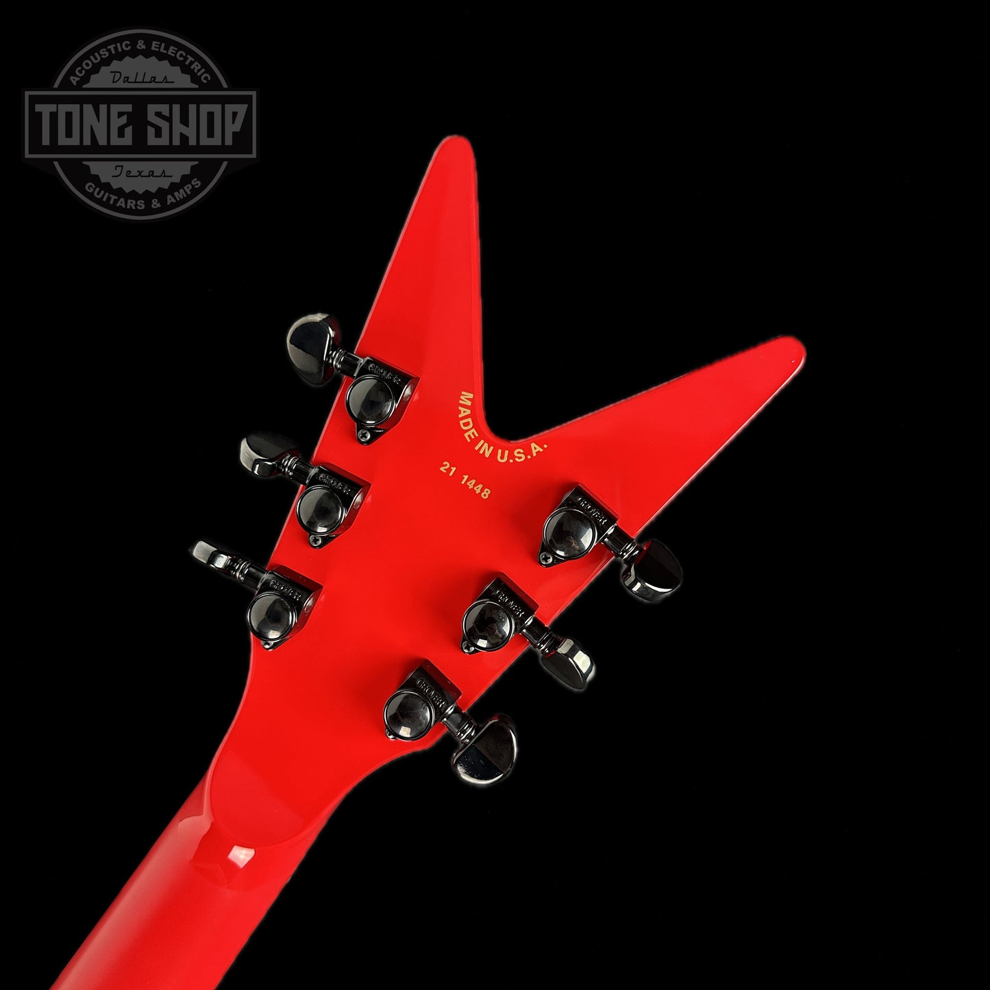 Back of headstock of Dean USA Custom Shop ML Floyd Classic Red.