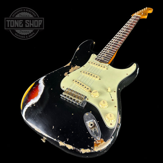 Front angle of Fender Custom Shop 2023 Collection 60 Strat Heavy Relic Aged Black Over 3 Color Sunburst.