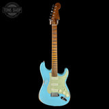 A classic Fender Stratocaster electric guitar with a light blue body, a cream pickguard, and a natural wood neck, shown against a solid black background. A 'TONE SHOP' watermark is visible in the top left corner.