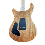 Wooden electric guitar body with a white background