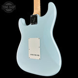 Back angle of Fender Custom Shop Yngwie Malmsteen Strat Sonic Blue.