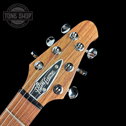 Front of headstock of Powers Electric A-Type Select Hardtail Cabernet Red PF42.