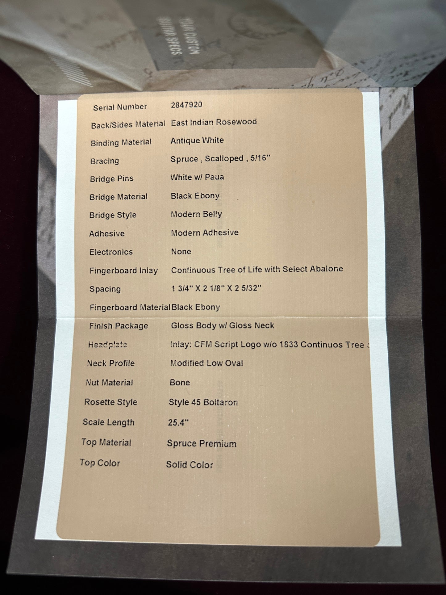 Spec sheet for Martin Custom Shop Black D-45 Tree of Life Sitka/EIR.