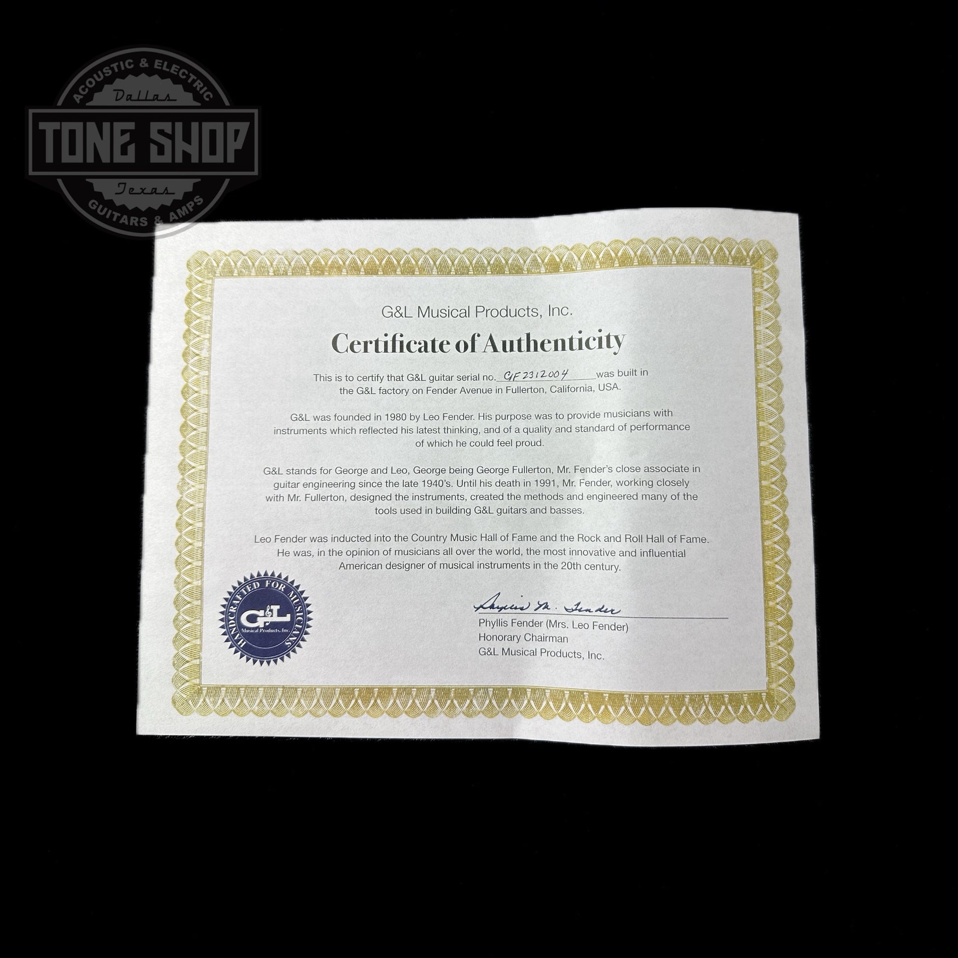 Certificate of authenticity for G&L JB5 Emerald Blue Metallic Matching Headstock Rosewood Blocks.