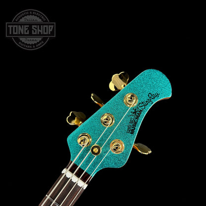 Front of headstock of Ernie Ball Music Man StingRay Special H Bass RW Ocean Sparkle.