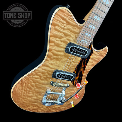 Front angle of Powers Electric A-Type Select Maple Pale Ale PF42 Firestripe Brass Warm CamTail.