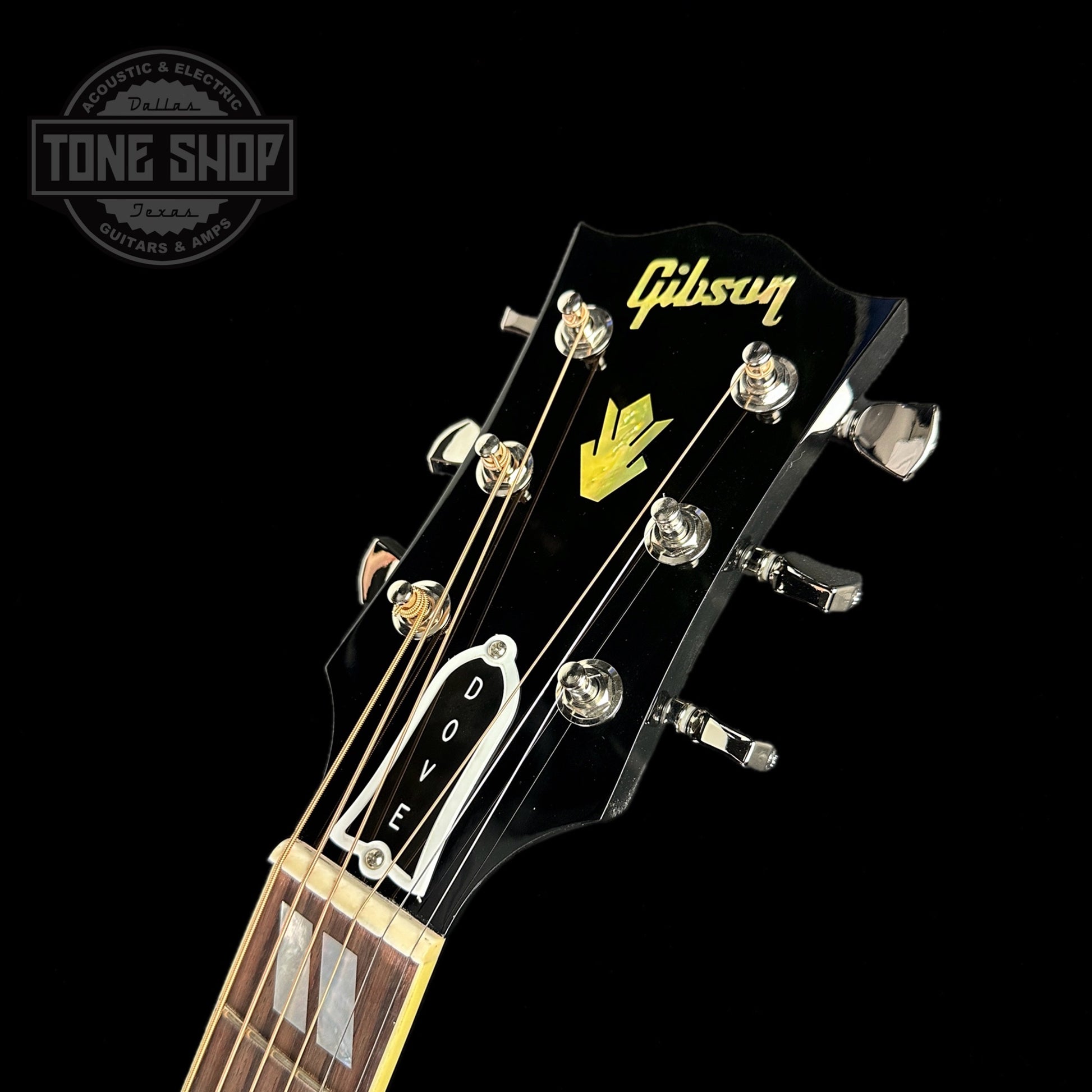 Front of headstock of Gibson Custom Shop M2M Dove Original RW back and sides Ebony.