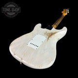 Back angle of Fender Custom Shop Time Machine '57 Strat Heavy Relic Aged White Blonde.