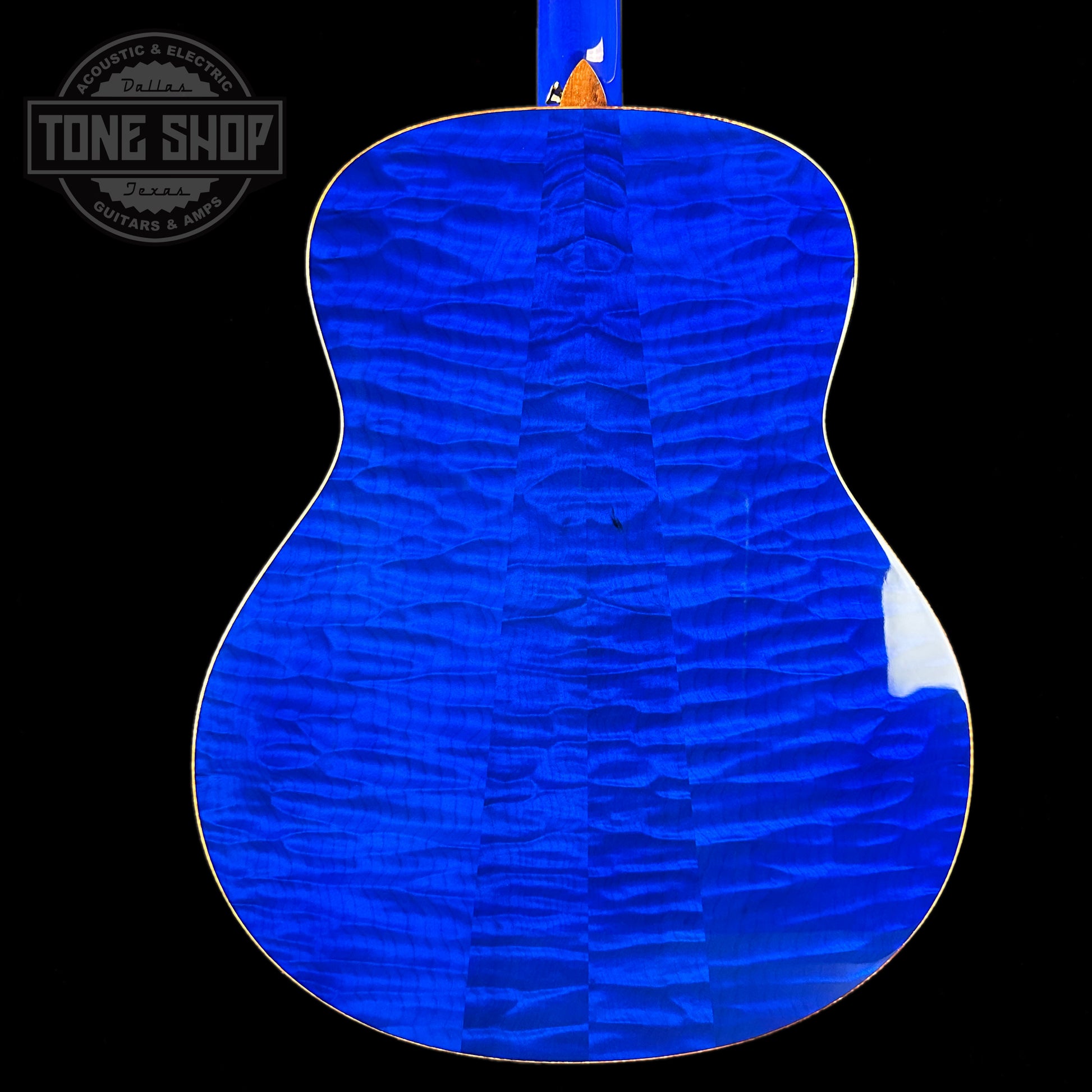 Back of body of Taylor Custom #3: C18e Grand Orchestra Lutz Spruce/Quilted Maple Royal Blue.