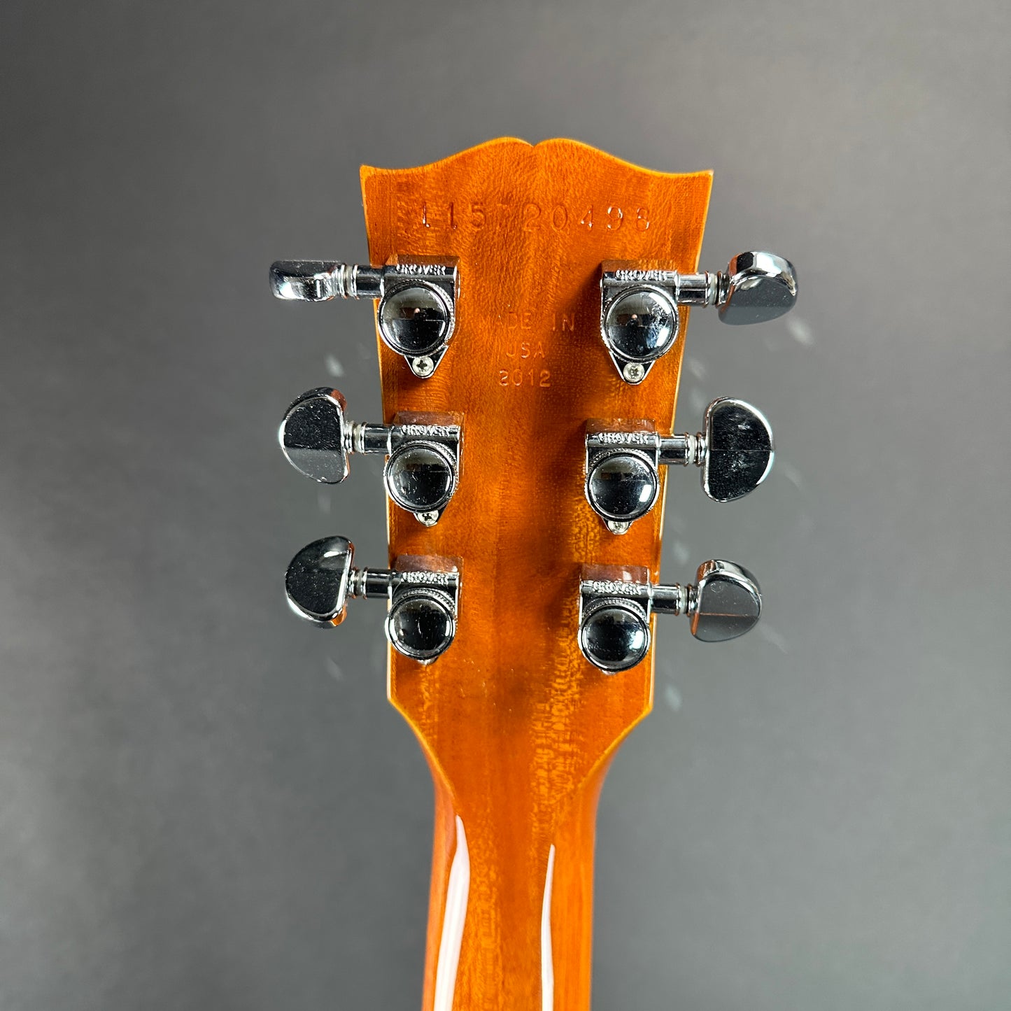 Back of headstock of Used 2012 Gibson Les Paul Standard Flamed Amber.