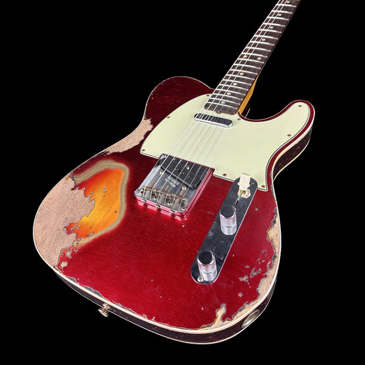Front angle of Fender Custom Shop Limited Edition '60 Tele Custom Heavy Relic Aged Candy Apple Red/ 3-color Sunburst.