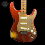 Front of Used 2001 Fender Custom Shop LTD ’56 Stratocaster Relic Candy Apple Red Over Sunburst Gilmour Inspired w/DG-EMG's TFW3248.