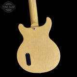 Back of body of Used 2006 Gibson Custom Shop 1958 Les Paul Junior Double Cut TV Yellow.