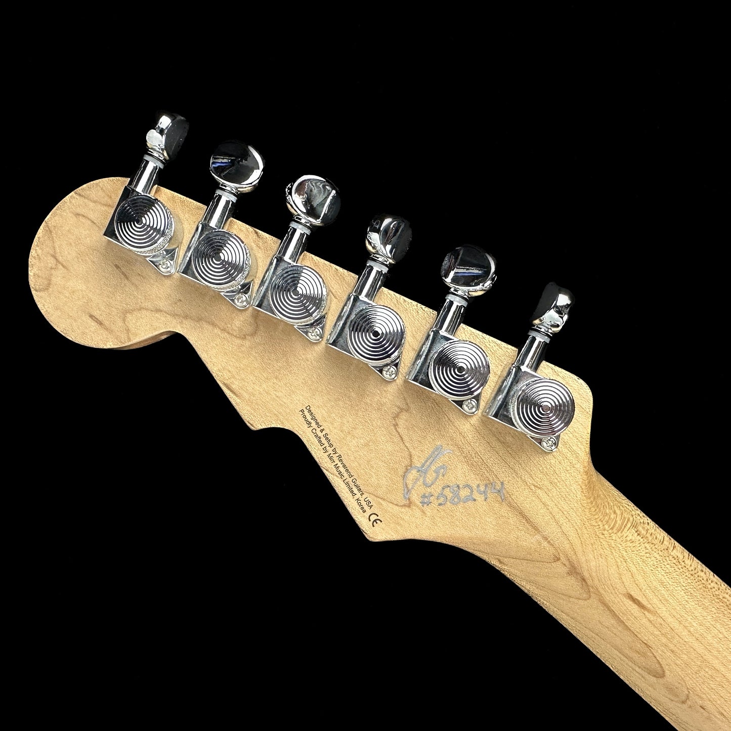 Back of headstock of Reverend Jetstream 390 Tone Shop Exclusive Rainbow Sparkle.