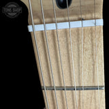 Headstock of Used Squier Stratocaster Black MP TSS7463.