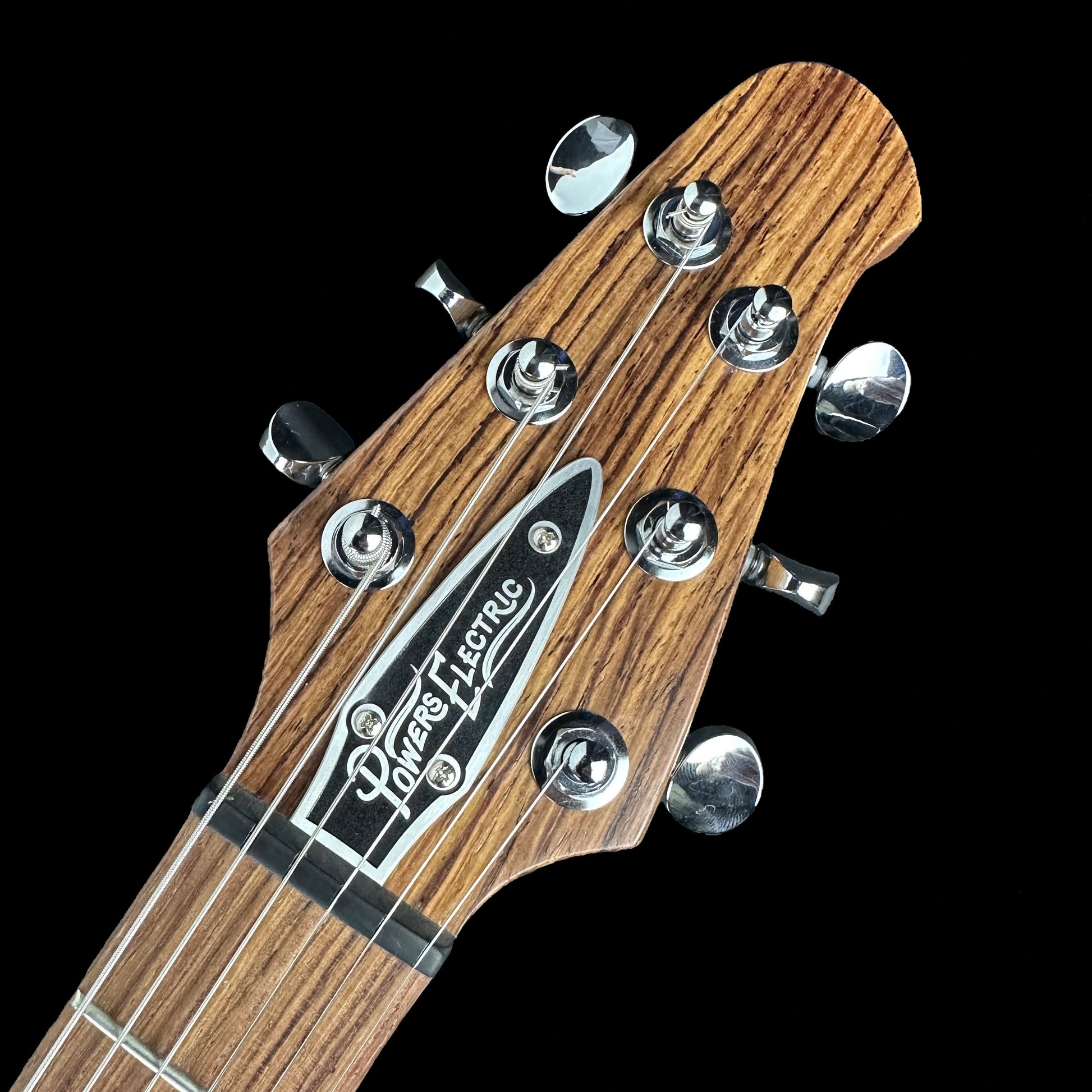 Front of headstock of Powers Electric A-Type Meissen Blue Pearloid PF42.