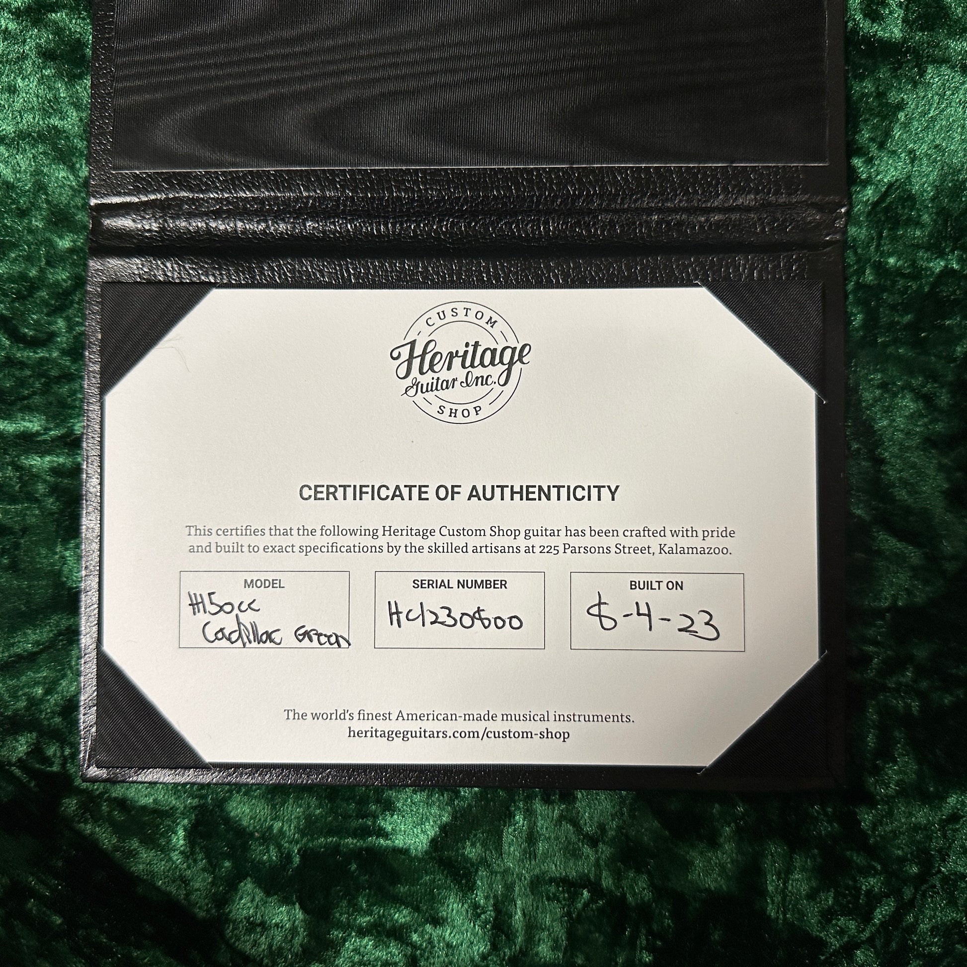 Certificate of authenticity for Used Heritage H-150CC Cadillac Green.